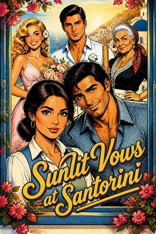 Sunlit Vows at Santorini: summer rom-com, retro romance comic style
