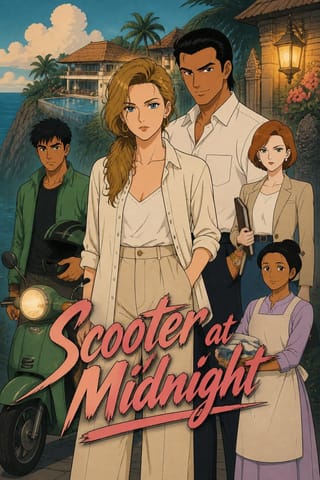 Poster for Scooter at Midnight, anime 80s style