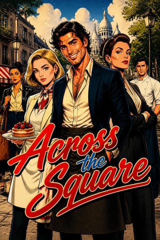 Across the Square: rival-chefs rom-com, retro romance comic style