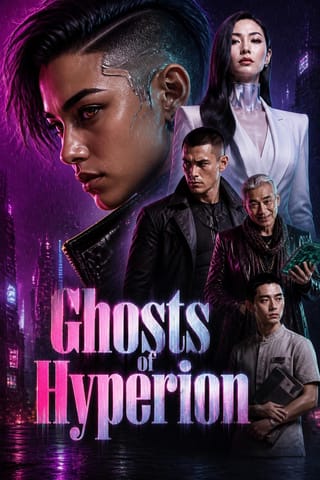 Poster for Ghosts of Hyperion, neon melodrama style